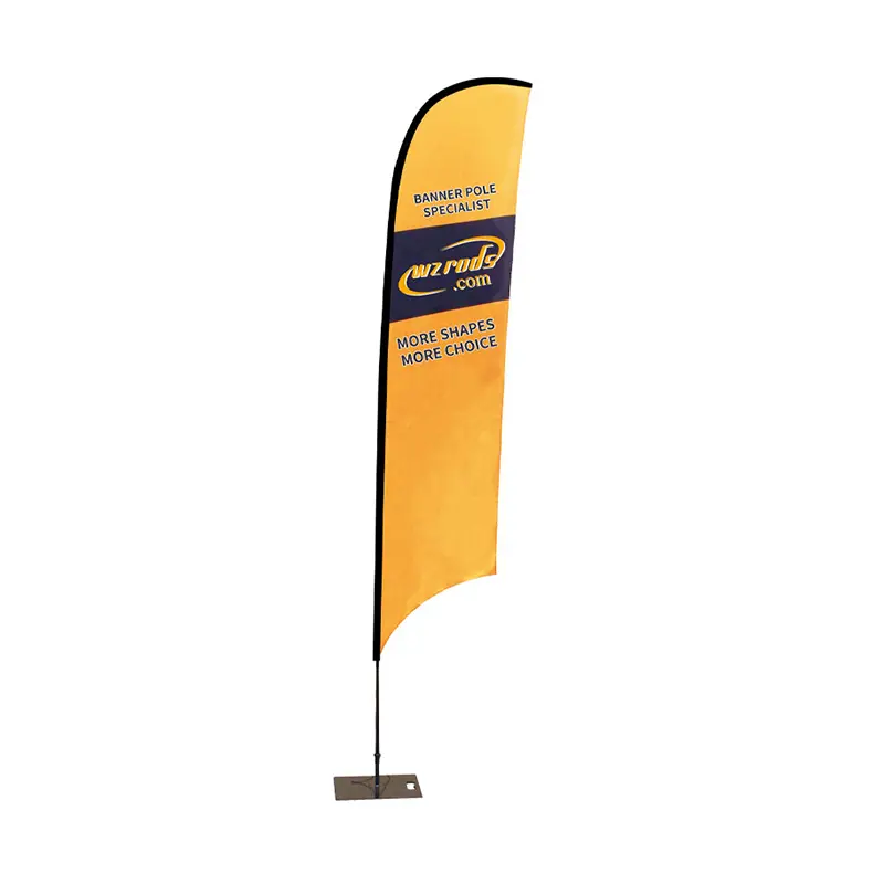 Yellow curved promotional flag with 'BANNER POLE SPECIALIST' text and 'MORE SHAPES MORE CHOICE' slogan on a black pole, showcasing WZRODS' versatility for retail and event branding.