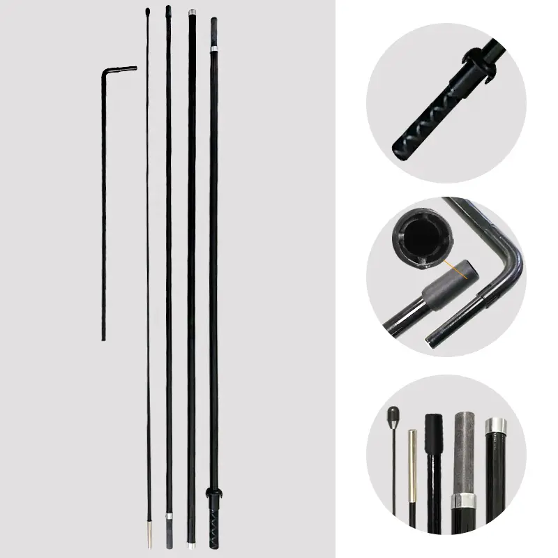 Black telescopic carbon fiber flagpole segments and L-shaped hex key by WZRODS, featuring threaded connectors for quick assembly and multi-shape adaptability in marketing displays.