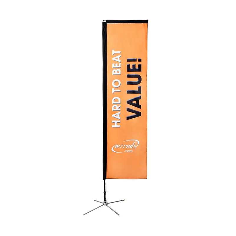 Orange vertical rectangle banner stand with 'HARD TO BEAT VALUE!' text and metallic cross-shaped base by WZRODS, designed for high-impact outdoor marketing campaigns.