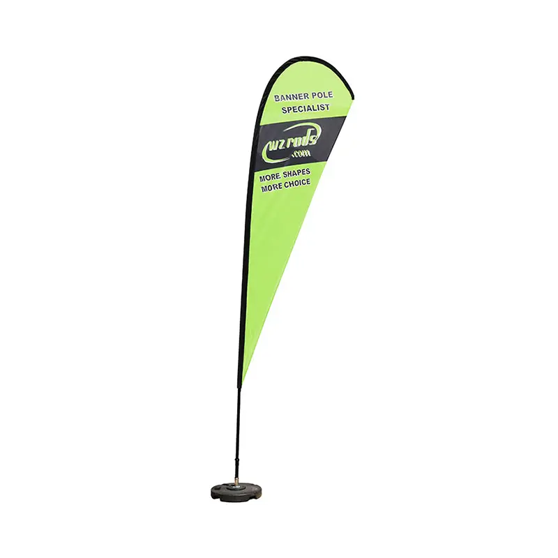 Neon green teardrop-shaped flag with 'MORE SHAPES MORE CHOICE' messaging and sturdy round base, highlighting WZRODS' durable multi-purpose banner solutions.