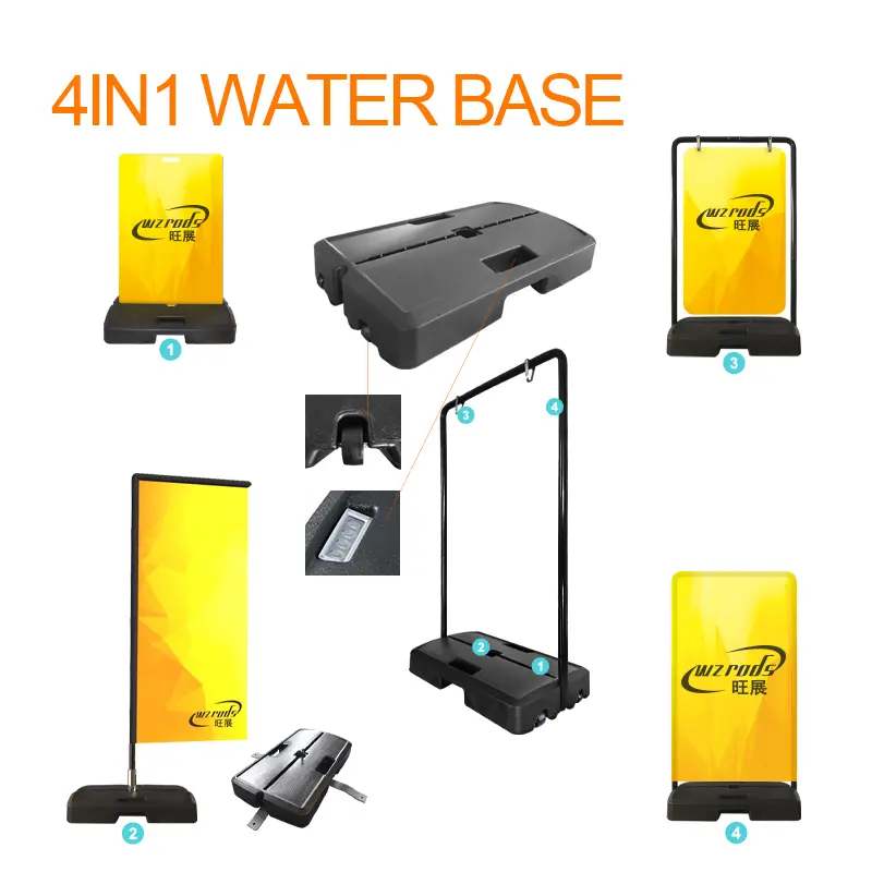 4-in-1 water fillable base components - HDPE base, aluminum composite panels, metal frame, and stackable design by WZRODS