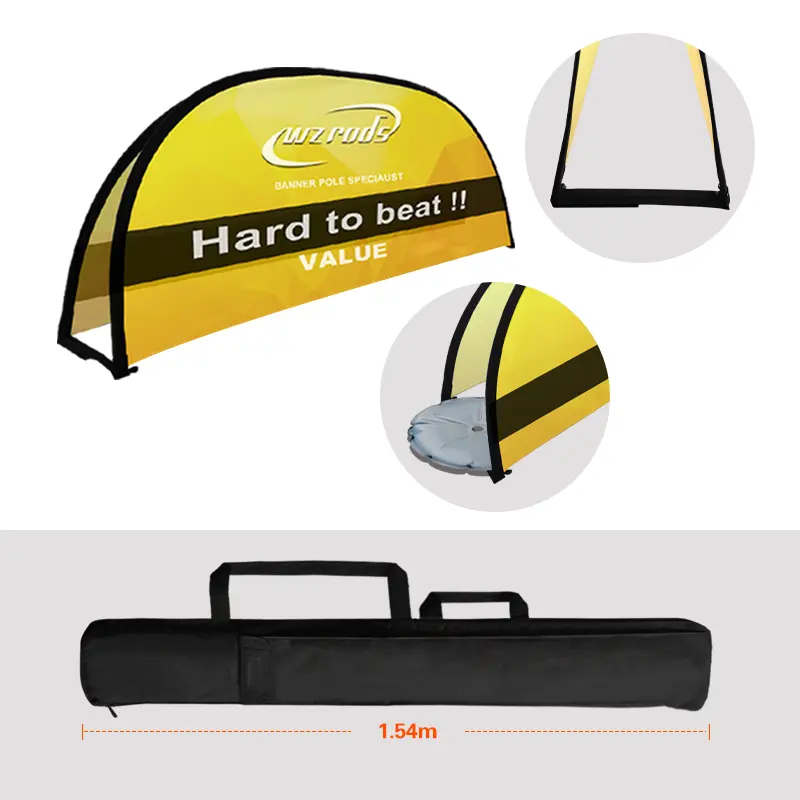 Portable Arch Banner Kit - Includes yellow semi-circular banner, base frame, 1.54m carry bag, and WZRODS branding for quick outdoor event setup