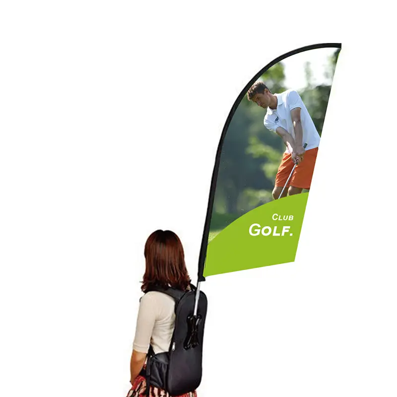 Portable advertising setup with backpack banner and freestanding golf-themed teardrop flag (103x52cm), ideal for trade shows or sports promotions.