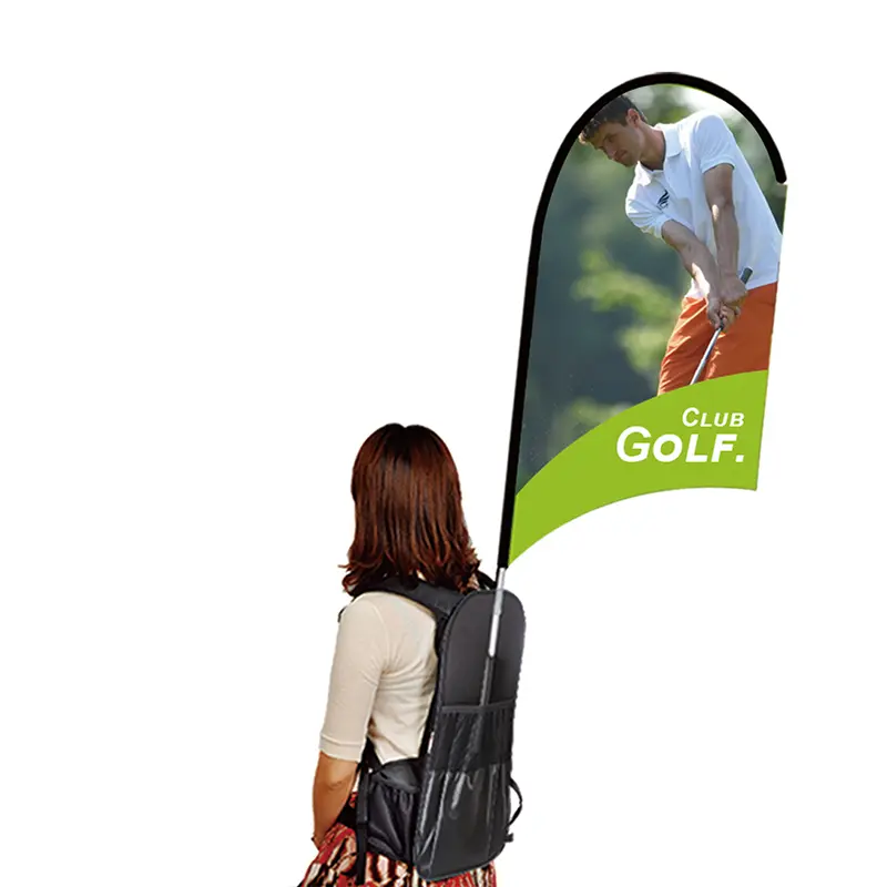 Wearable backpack banner in action at outdoor event, displaying “CLUB GOLF.” advertisement with golfer graphic (122x51cm feather flag) and Oxford fabric construction.