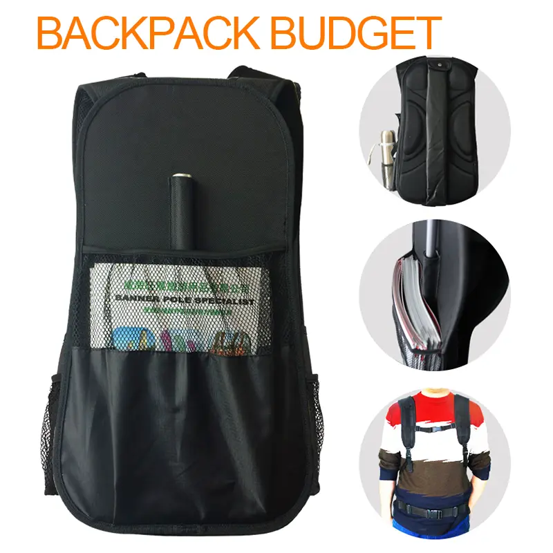 Backpack Budget Version (BBDSHF) with mesh brochure pocket and integrated pole slot, featuring SANKER commercial-grade flag poles. Side views show ergonomic 3D foam backpanel and widened sponge-padded belt.