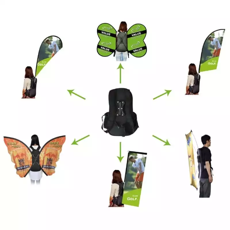 Modular WZRODSbackpack flags deluxeWZRODS system with interchangeable panels. Features butterfly-wing designs, foldable banners, and ergonomic straps, demonstrating versatility for mobile advertising campaigns.