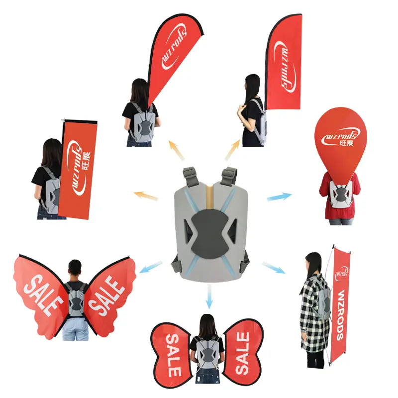 Portable advertising backpack with detachable flags, inflatable horns, and sale banners | WZRODS brand displays in red and grey | Ideal for events and retail promotionsarea for logos