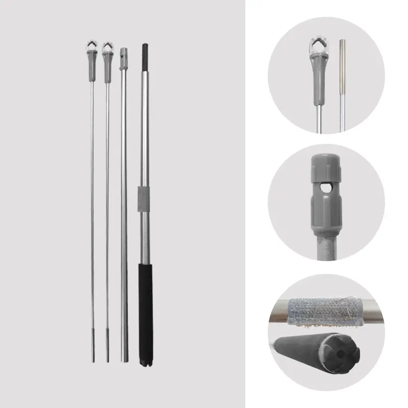 Modular Metal Flag Poles & Connectors – Four telescopic metal poles and close-ups of secure clip joints, perforated connectors, and Velcro-fastened bases for tool-free assembly.