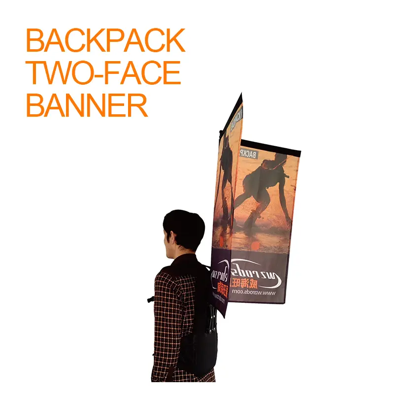 Dual-sided Backpack Two-Face Banner – Model wearing a black backpack . Lightweight design with visible side pockets and 3D foam padding.