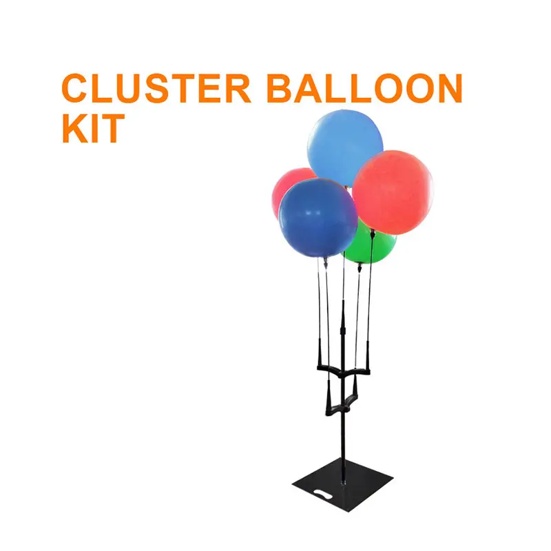 Cluster Balloon Kit display featuring five vibrant balloons secured to a black upright stand with adjustable strings, designed as a dynamic advertising tool for outdoor promotions.