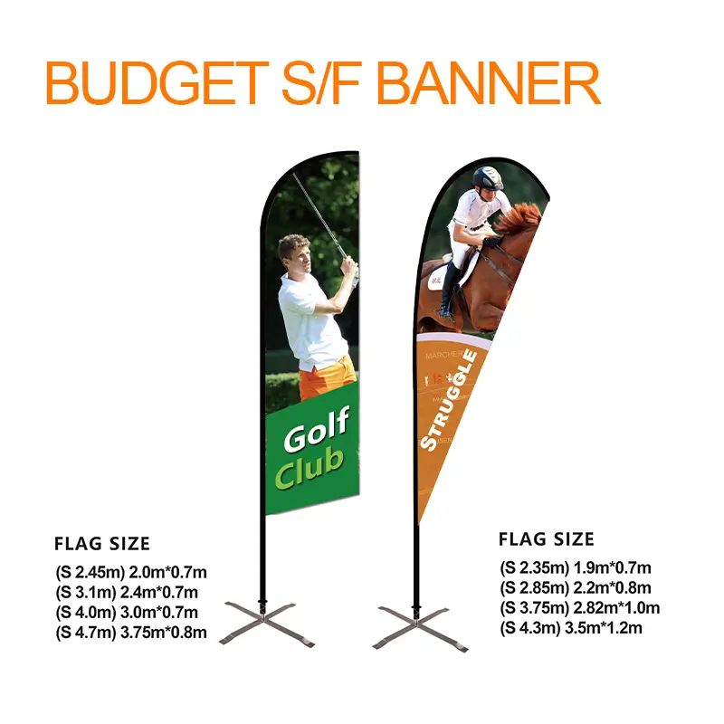 Budget S/F Banner dual advertising flags with golf and equestrian themes on cross-base stands