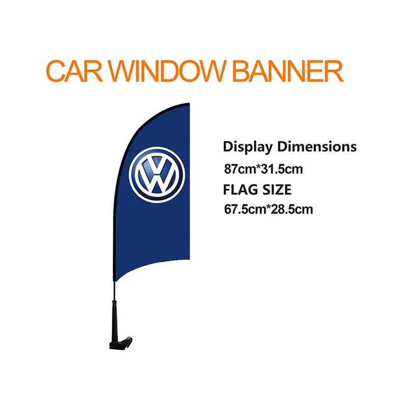 Curved car window flag in motion (Display: 87×31.5cm / Flag: 67.5×28.5cm) with Volkswagen logo, black pole, and base demonstrating wind-responsive design under 35mph conditions
