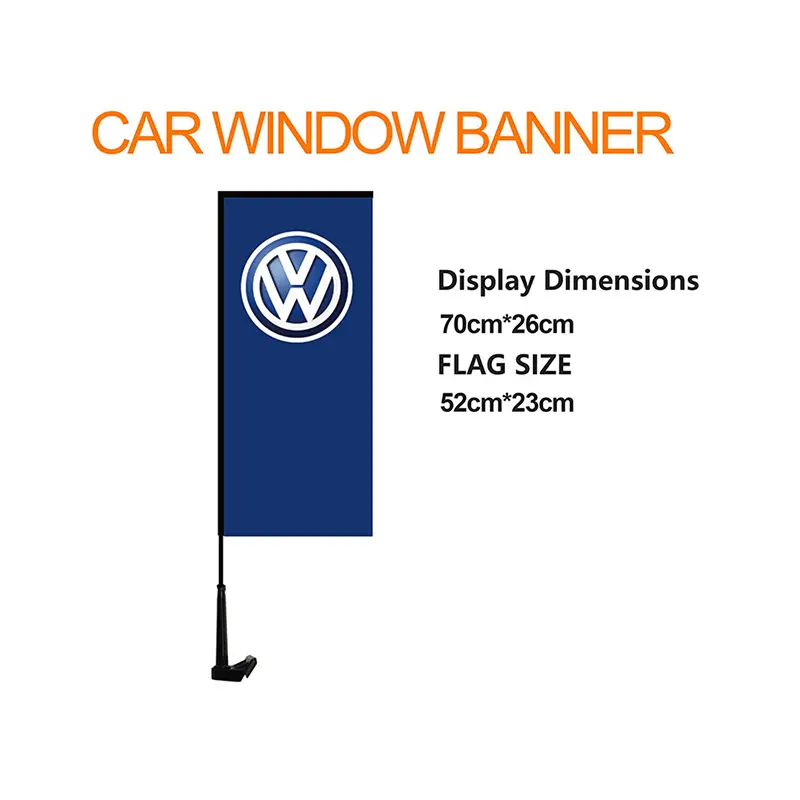 Compact rectangle car flag (Display: 70×26cm / Flag: 52×23cm) with branded Volkswagen logo, slim black pole, and universal clip suitable for narrow vehicle windows