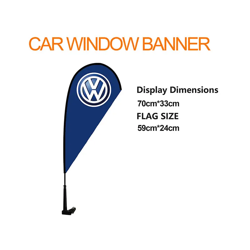 Teardrop-shaped window banner (Display: 70×33cm / Flag: 59×24cm) displaying white Volkswagen emblem on dark blue fabric, installed via black rotating pole and anti-slip window clip