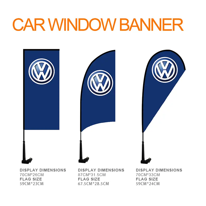 Car window flags comparison: rectangle (Display: 70×26cm / Flag: 59×23cm), arc-shaped (Display: 87×31.5cm / Flag: 67.5×28.5cm), and teardrop (Display: 70×33cm / Flag: 59×24cm) models with Volkswagen logo on dark blue background, mounted on black bases