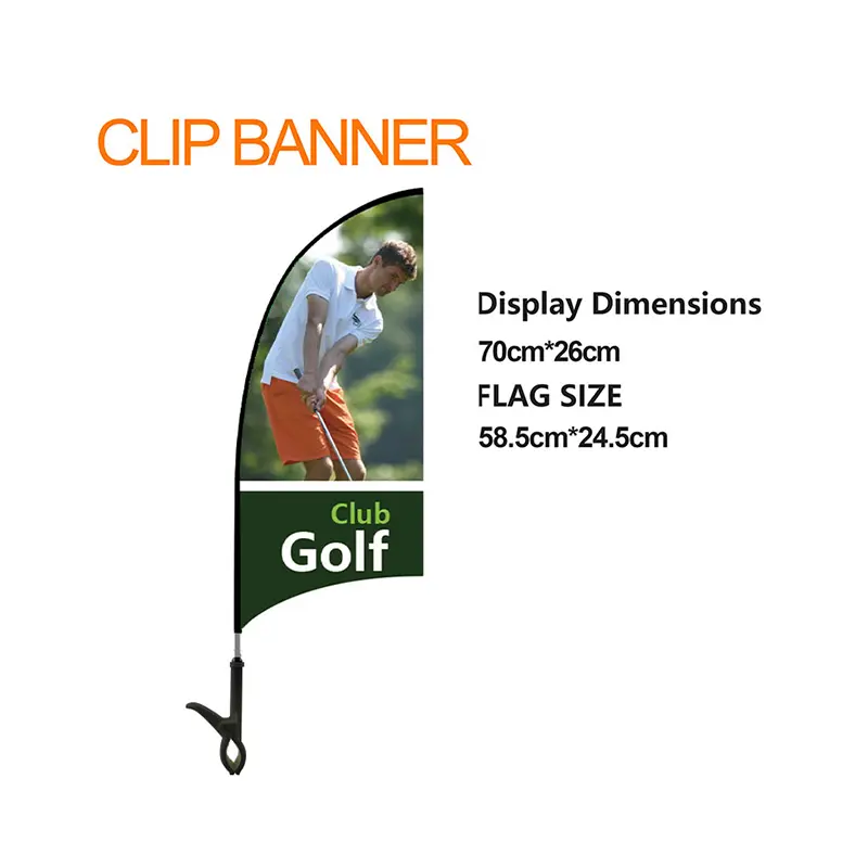 Feather-shaped Clip Banner (70cm x 26cm display) featuring a golfer and 'Club Golf' text, ideal for golf event promotions.
