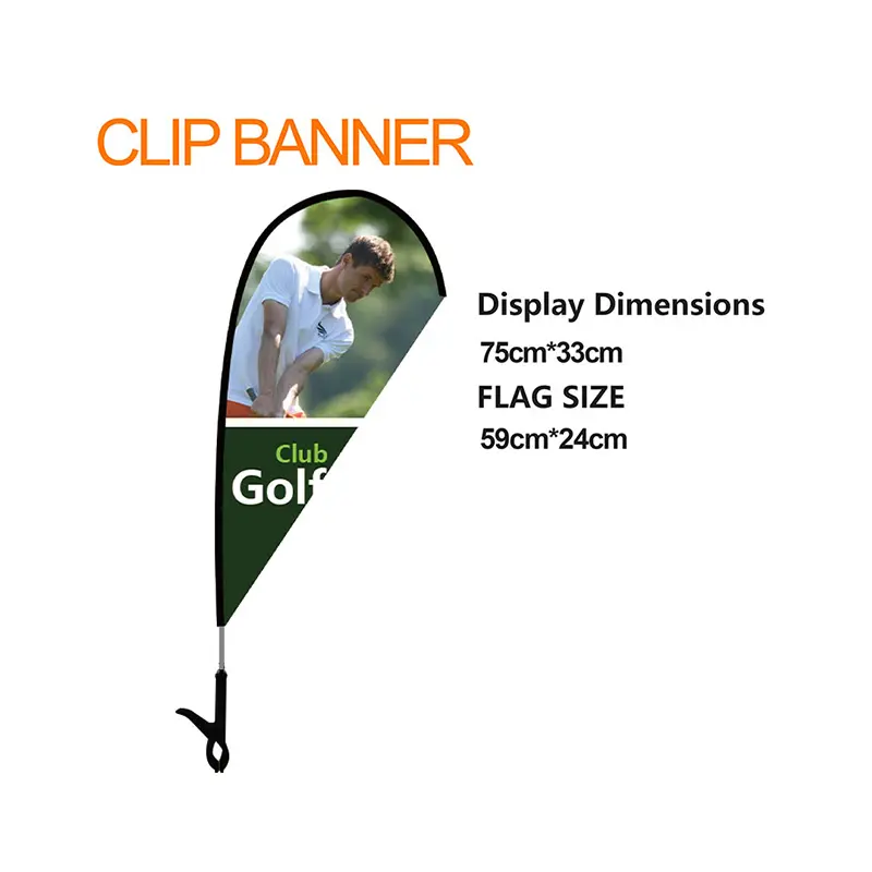 Teardrop Clip Banner (75cm x 33cm display) with bold 'Club Golf' branding and golfer imagery for high-visibility outdoor advertising.