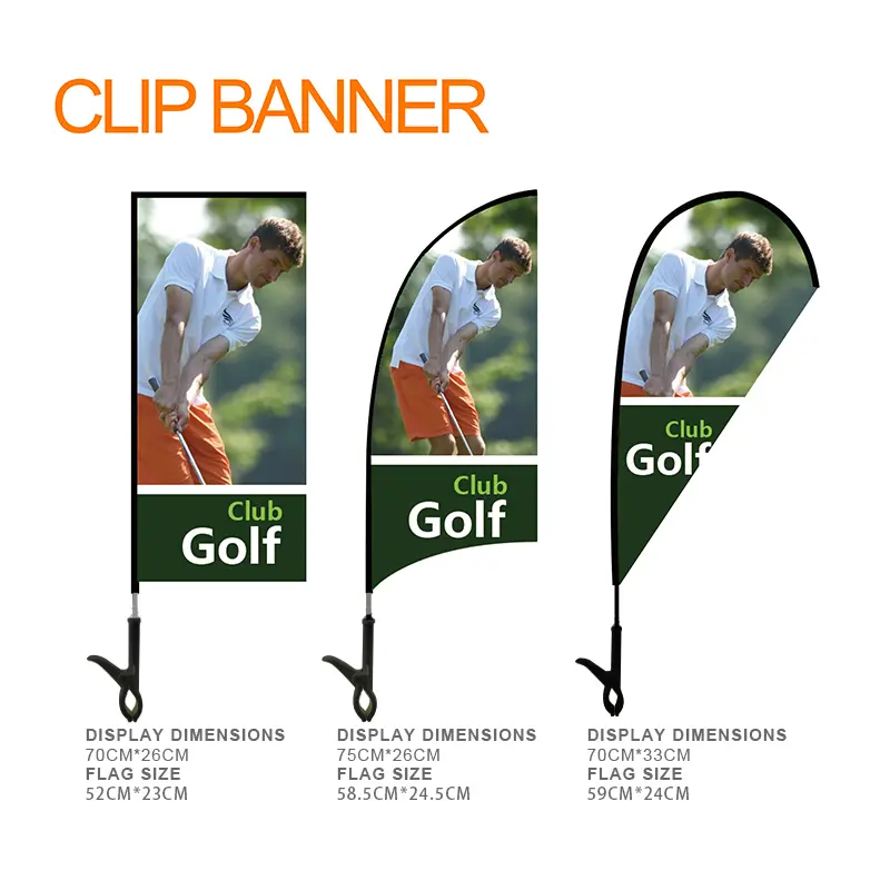 Three Clip Banner designs for golf club promotions: rectangle (70cm x 26cm), teardrop (75cm x 33cm), and feather (70cm x 33cm) with a golfer graphic and 'Club Golf' branding.