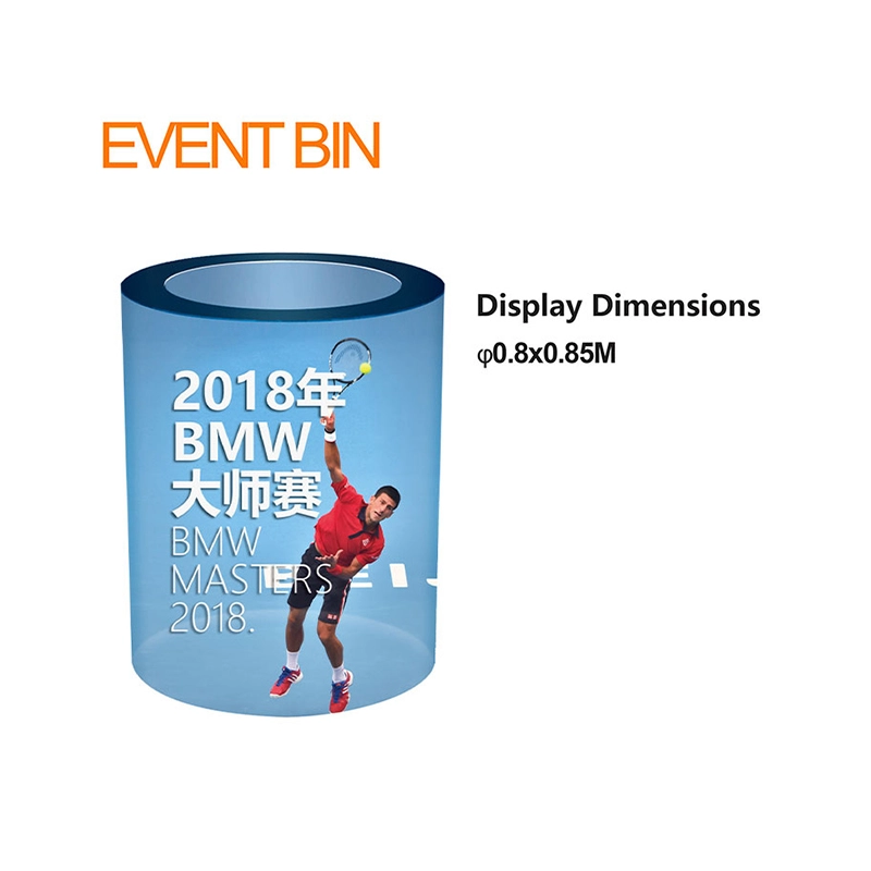 Cylindrical Event Bin with BMW Masters 2018 tournament branding, featuring tennis athlete imagery in red sportswear. Blue base unit displays technical specifications ø0.8x0.85m with orange 'EVENT BIN' insignia on white background.