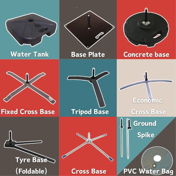 Different types of feather flag bases for outdoor installations