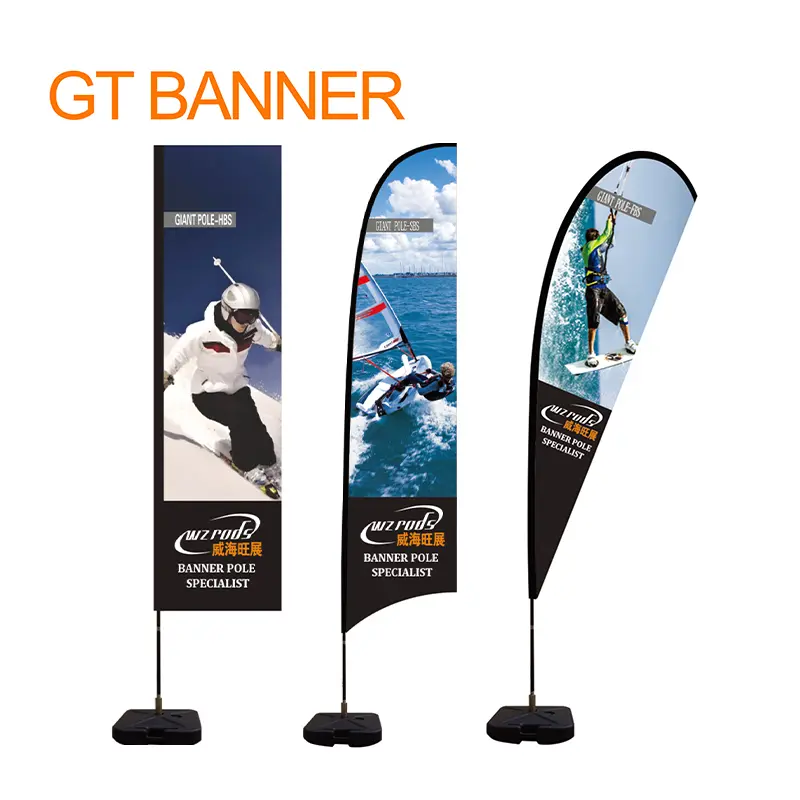 GT Banner giant carbon composite flagpoles with ski, sailing, and surfing designs on specialized banner poles