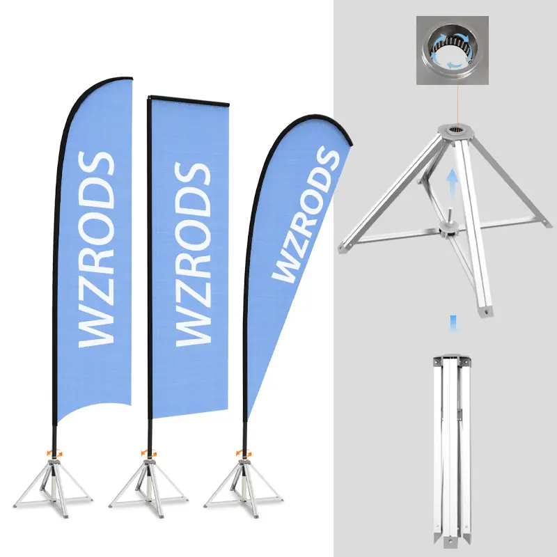 WZRODS teardrop flag system with tripod base and threaded telescopic pole for secure outdoor setup