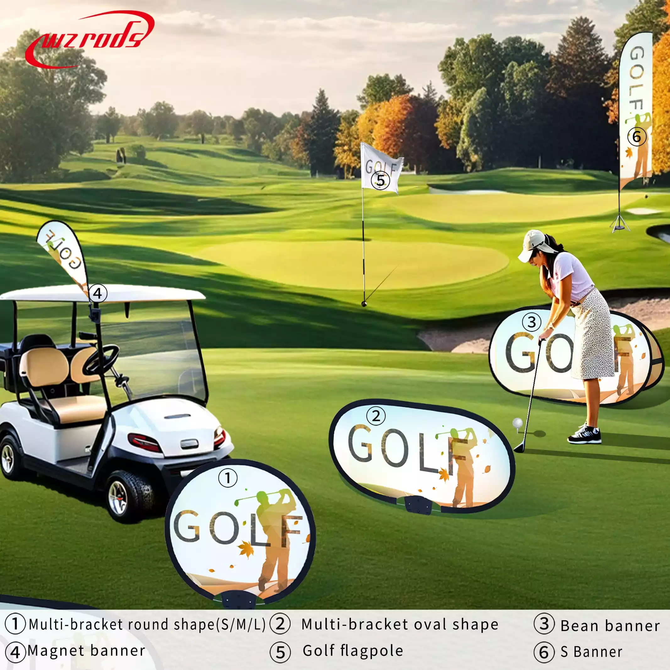 Wzrods golf promotional display: magnet banners, bean banners, and multi-bracket flagpoles on autumn course
