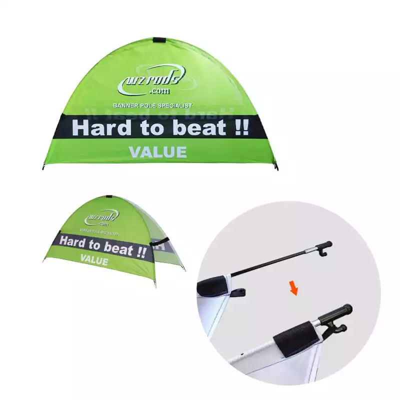 Portable green Half moon banner advertising tent with pole assembly diagram and “BANNER POLE SPECIALIST” branding