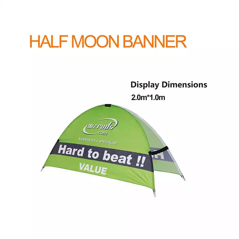 Green Half Moon Banner with “Hard to beat!! VALUE” text and 2.0×1.0m display dimensions