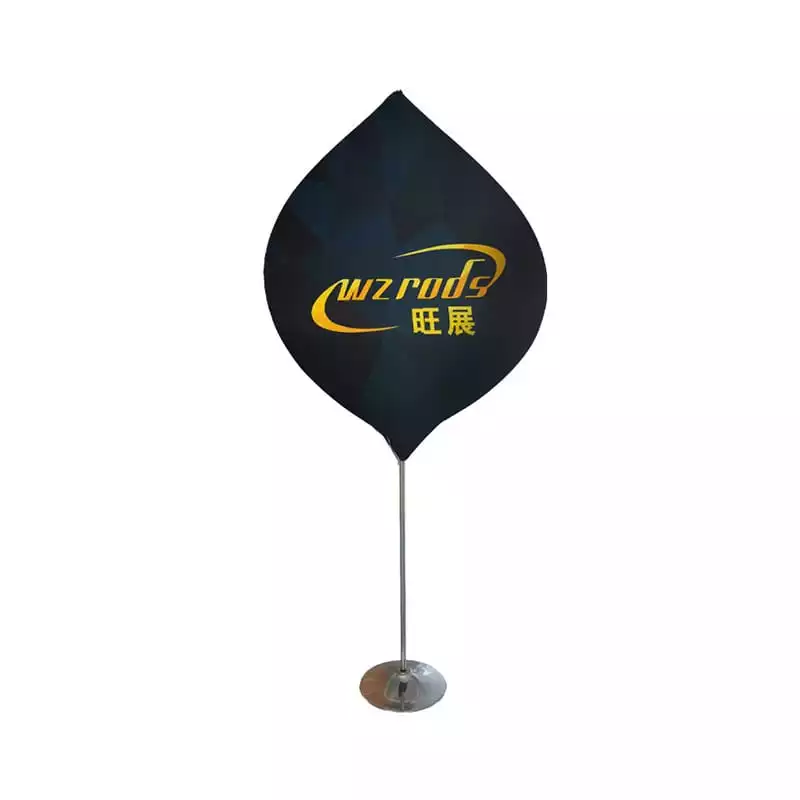 Branded Wzrods lantern banner in dark blue with yellow typography, showcasing wind-resistant silver pole and weighted base for outdoor stability.