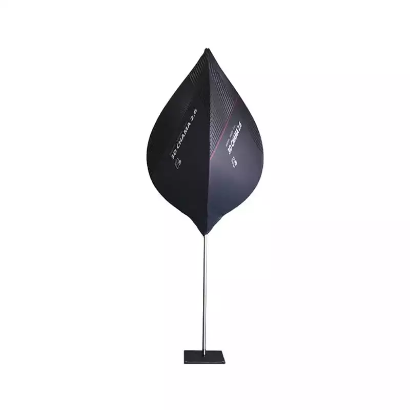 Black fabric teardrop banner with reflective silver pole and compact base, designed for high-traffic event displays.