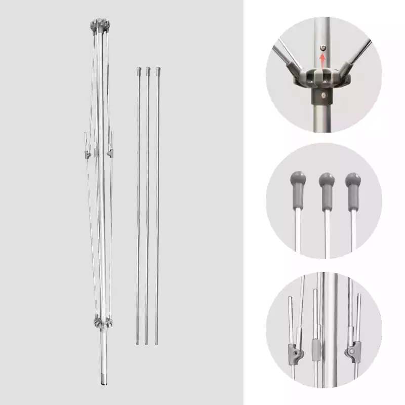 Modular metal pole components: twist-lock knob, anti-slip rubber tip, and quick-connect joints for tool-free height adjustment up to 2.6m.