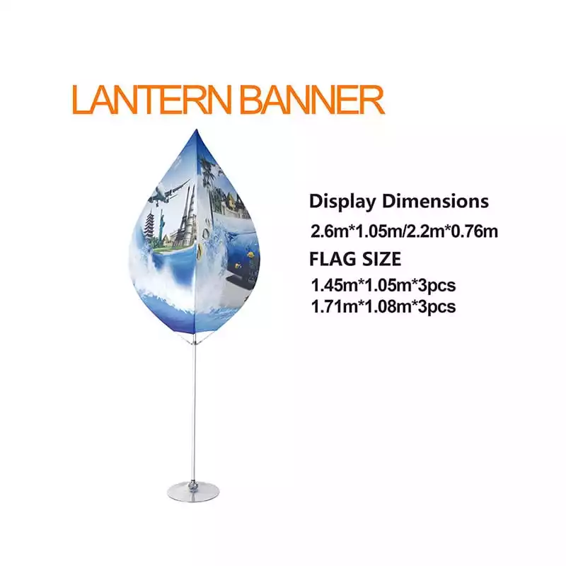 Teardrop-shaped lantern banner with rotating triple panels, displaying dimensions 2.6m height x 1.05m width and 1.71m x 1.08m flag size, mounted on carbon fiber pole with circular base.