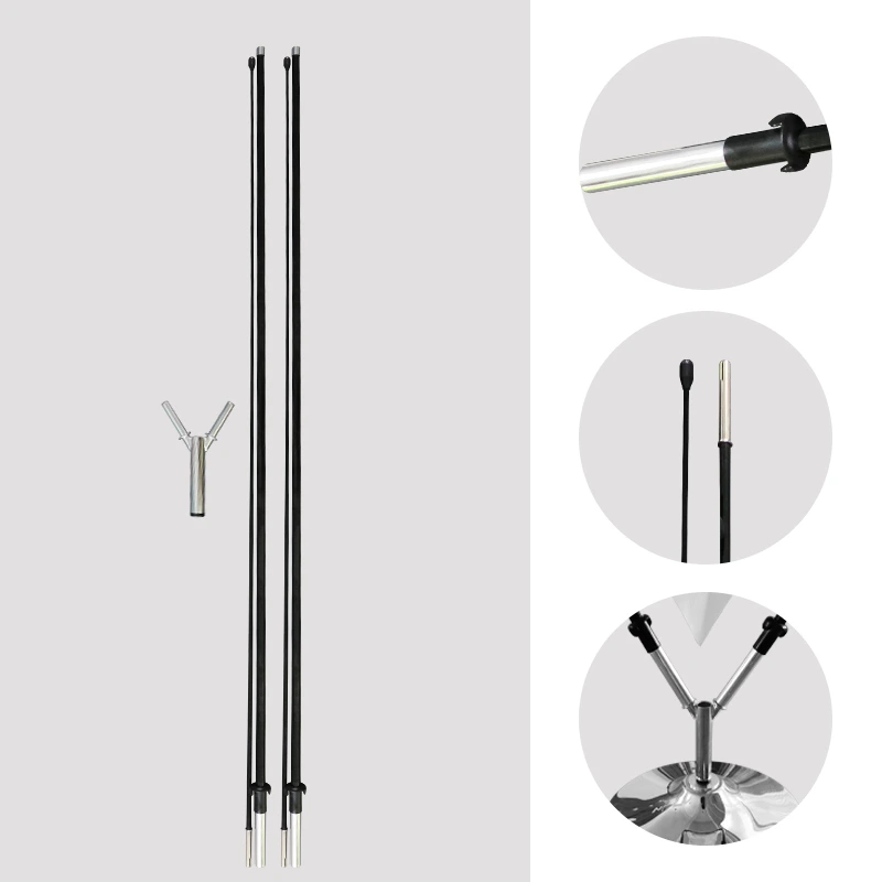 Leaf Banner hardware components - Modular carbon fiber pole sections with quick-release Y-bracket and anti-slip rubber joints