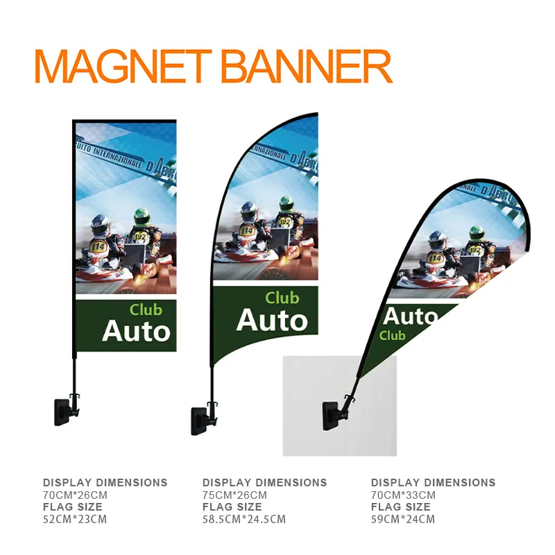 Teardrop, Feather, and Rectangle Magnetic Car Banners with Display and Flag Sizes | Club Auto Racing Design