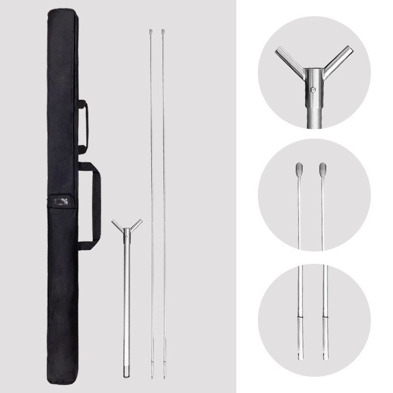 Portable telescopic Magnum Banner kit: black carry bag, stainless steel poles, Y-shaped connector, and interlocking grooves for adjustable height.
