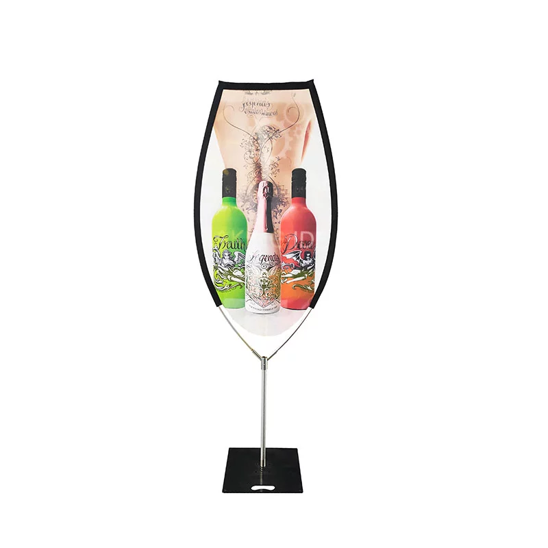 Magnum Banner stand showcasing vibrant wine bottle graphics on a shield-shaped banner with a black base and metallic pole.