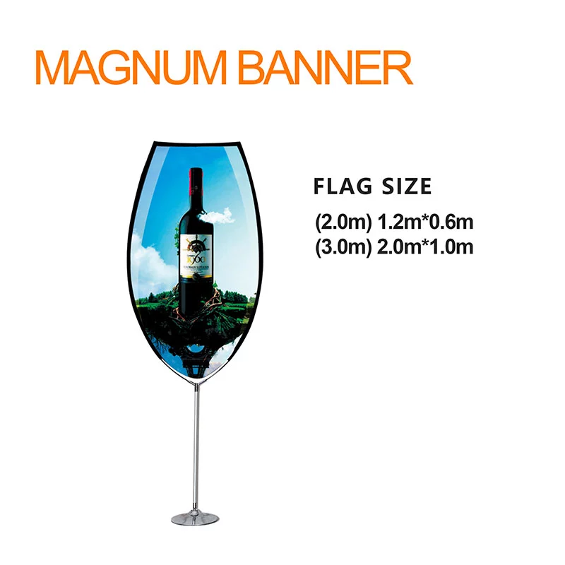 Magnum Banner wine glass-shaped advertising stand with two size options: 1.2m*0.6m (2m height) and 2.0m*1.0m (3m height), displayed against an outdoor backdrop.