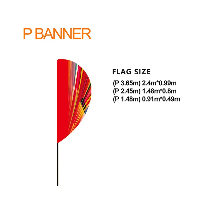 P BANNER product specifications: Red semicircular tensioned fabric flag with multicolored radial stripes, supported by a black pole. Right side lists three models: P 3.65m (2.4m×0.99m), P 2.45m (1.48m×0.8m), and P 1.48m (0.91m×0.49m), highlighting carbon composite frame and portable design.