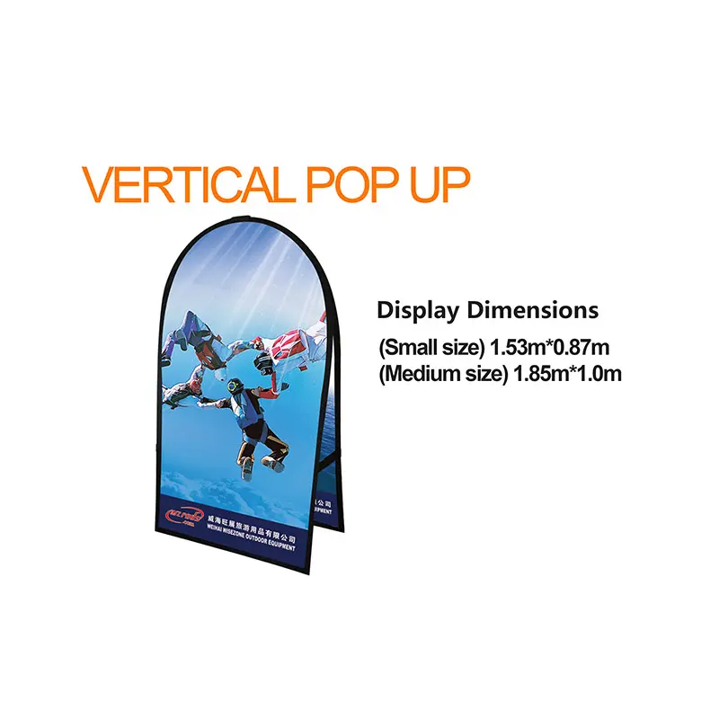Vertical A-Frame pop-up banner with skydivers image and display dimensions (Small: 1.53m×0.87m / Medium: 1.85m×1.0m). Blue-background promotional tool for outdoor marketing, golf events, and festivals.