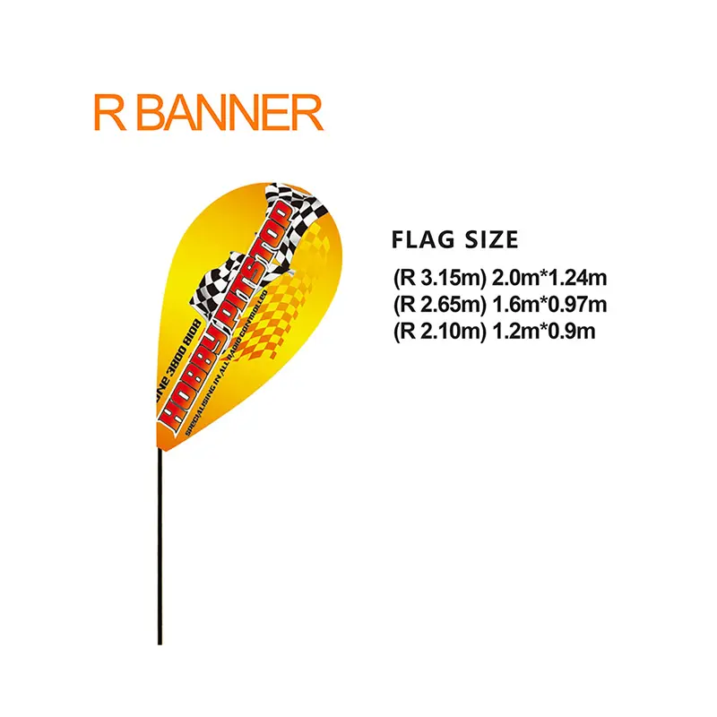 R Banner teardrop-shaped advertising flag specifications in bold red text, checkered racing pattern, and black carbon composite pole. Size chart lists RB315 (3.15m height, 2.0×1.24m), RB262 (2.65m, 1.6×0.97m), and RB210 (2.10m, 1.2×0.9m) models.