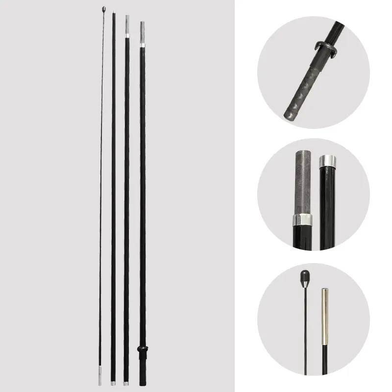 Modular carbon composite flag poles with anti-slip texture and secure plug-in connectors, adjustable to four lengths. Close-up details show the telescopic design for easy assembly, portability, and compatibility with Shark Fin Banners, Teardrop Flags, and Wing Banners.