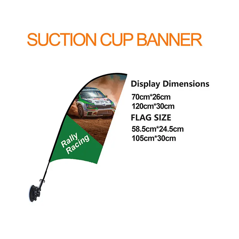 Curved/feather suction cup banner with green-and-white rally car graphic and dual display options: 70cm×26cm / 120cm×30cm