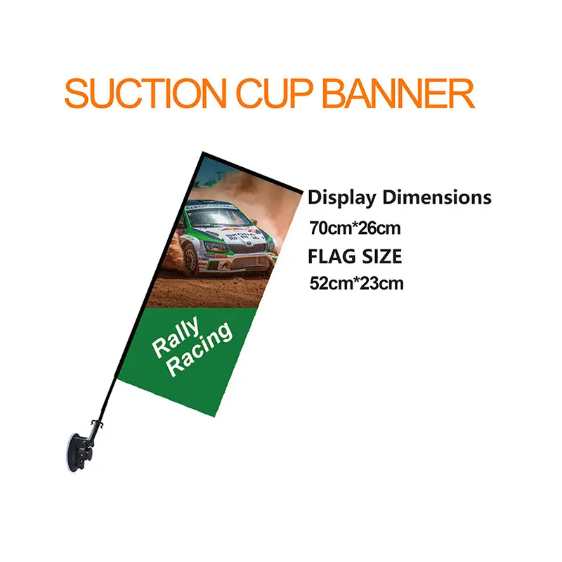 Rally Racing-themed rectangle suction cup banner with dynamic off-road car artwork, display size 70cm×26cm, flag size 52cm×23cm