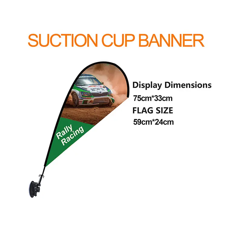Teardrop-shaped suction cup banner featuring a rally car in motion, dimensions: 75cm×33cm display size, 59cm×24cm flag size