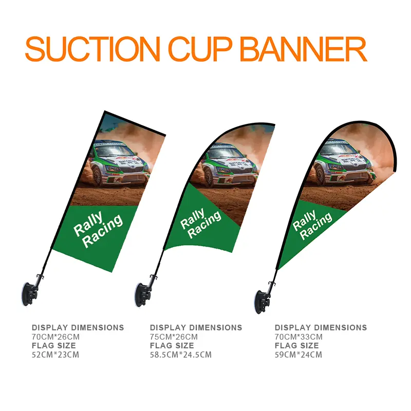 Suction Cup Banner for Rally Racing promotion displaying three flag variants with dust-covered rally car graphics, dimensions: 70cm×26cm, 75cm×26cm, 70cm×33cm