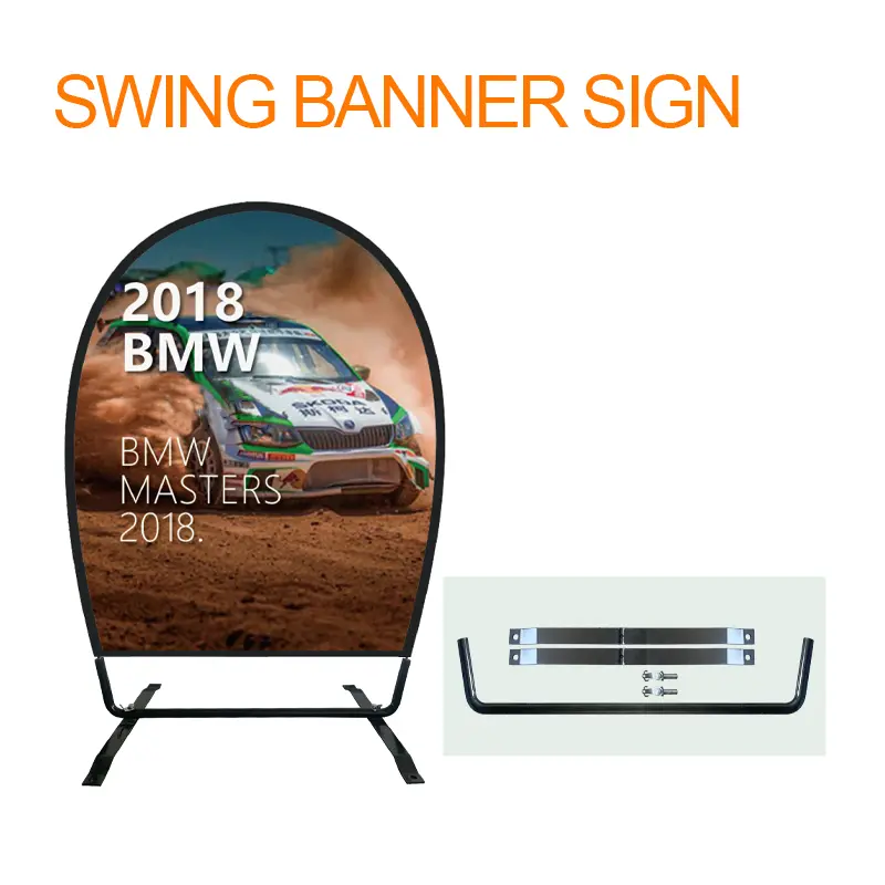 SWING BANNER SIGN display at 2018 BMW Masters: Racing vehicle kicking up dirt on brown track with arched black frame, featuring assembly bars/screws and bold orange branding
