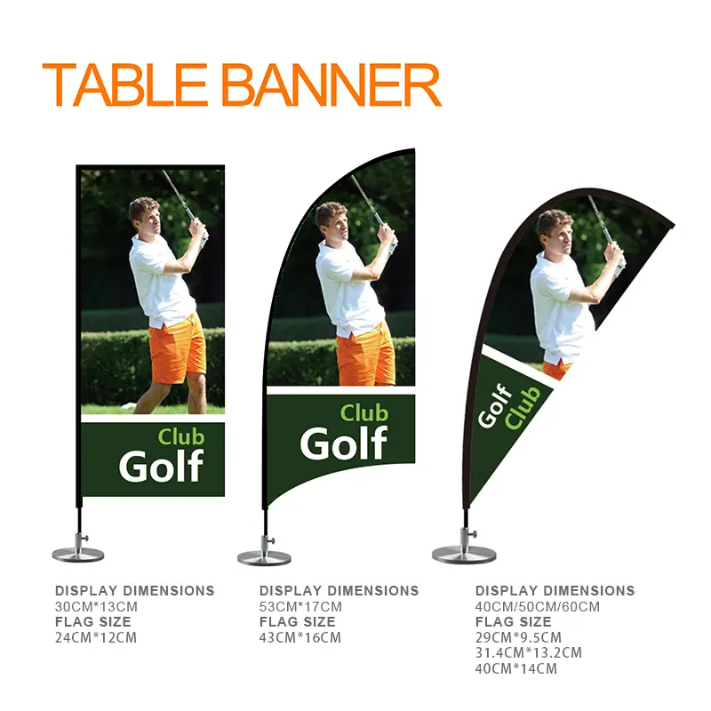 Feather, Teardrop, Rectangle Table Banners with Golf Club Design - Display Dimensions and Flag Sizes