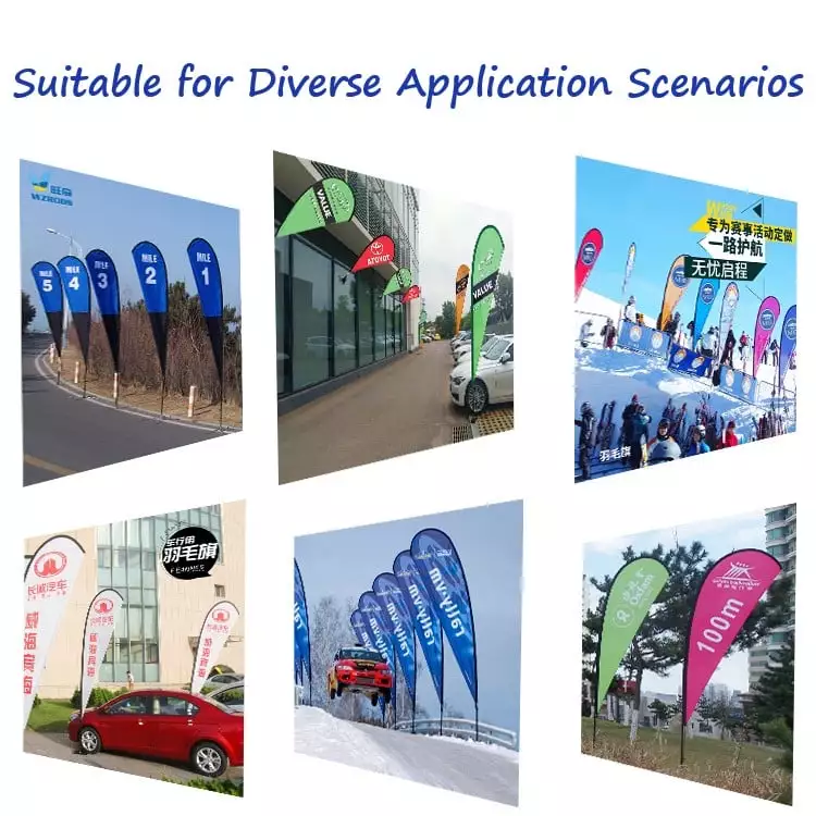 Flags for diverse scenarios: Roadside mile markers , snow event banners with text 'Custom for Sports Events', branded flags , 100m sports zone markers, and urban commercial flags