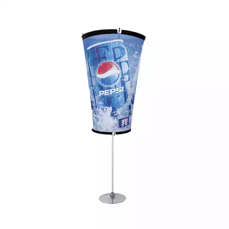 Brand Application Example: Pepsi promotional display with blue branding, beverage graphics,mounted on a tornado banner’s metal stand for eye-catching visibility.
